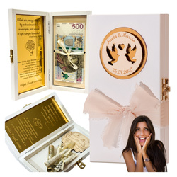 PREZENT na ŚLUB Drewniana skrzynka na pieniądze ślub Grawer Pudełko Złote