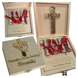 Pudełko na pieniądze CHRZEST personalizowane drewniane grawer złoty krzyż