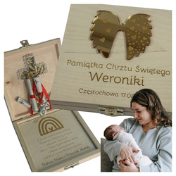 Pudełko na pieniądze CHRZEST personalizowane drewno grawer złote skrzydła