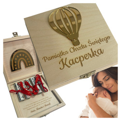 Pudełko na pieniądze CHRZEST personalizowane drewniane grawer złoty balon
